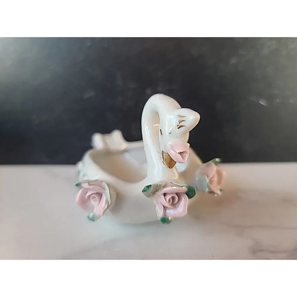 Vintage Ceramic Swan Trinket Dish With Capodimonte Flowers